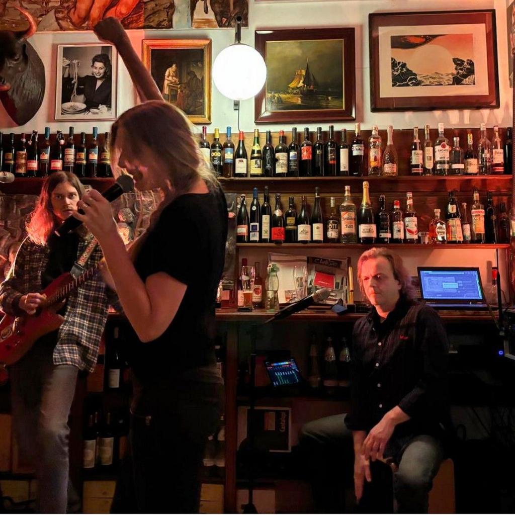 Die drei Musiker von JustBrill!-unplugged live vor einer Wand mit Spirituosen in einer Gaststätte